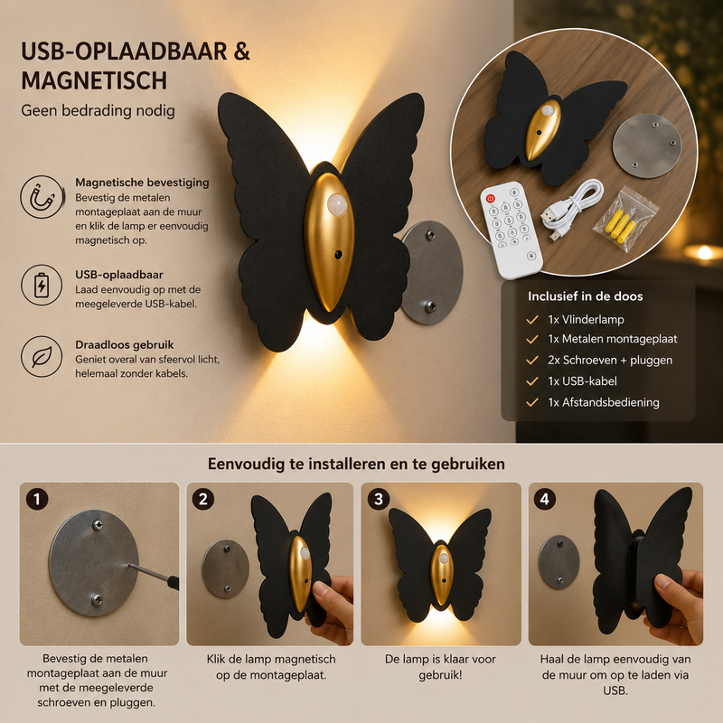 Lunavira Vlinder Wandlamp – Draadloze LED met Bewegingssensor