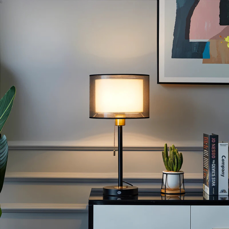 Vintage Tafellamp met Dubbele Stoffen Kap voor Warm Sfeervol Licht LED