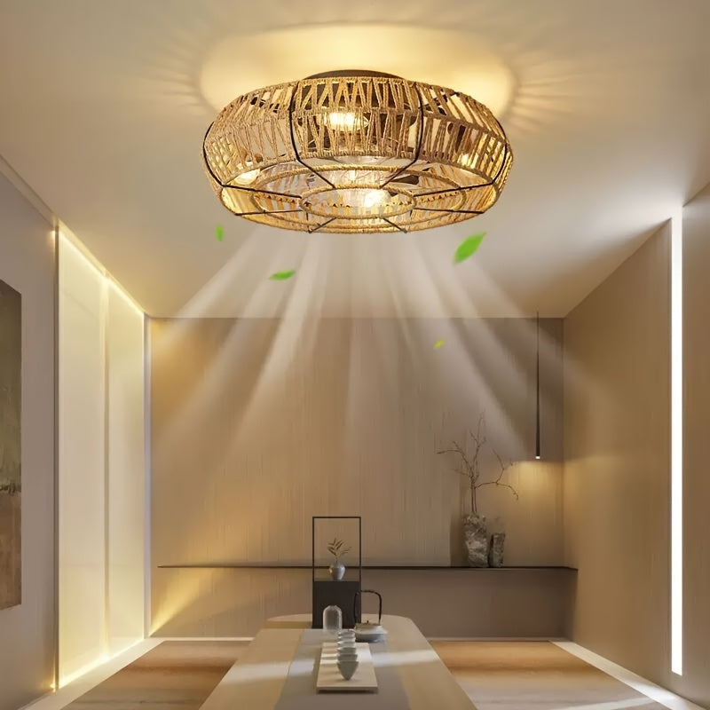 Solvaya Plafondventilator – Handgeweven Rotan Design met Verlichting