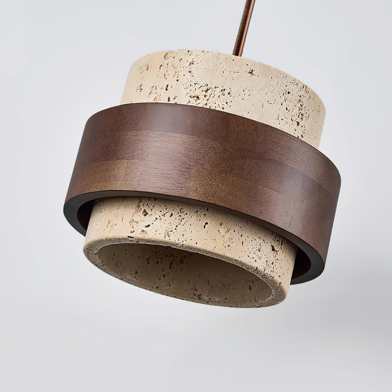 Calderyn Hanglamp – Travertin met Notenhout en Cilindrische Kap