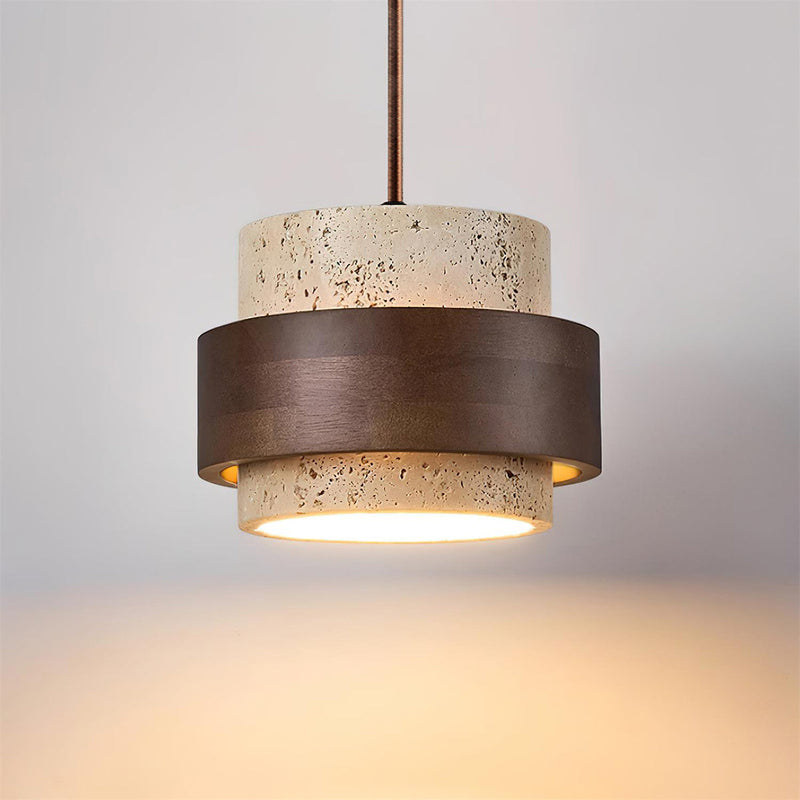 Calderyn Hanglamp – Travertin met Notenhout en Cilindrische Kap