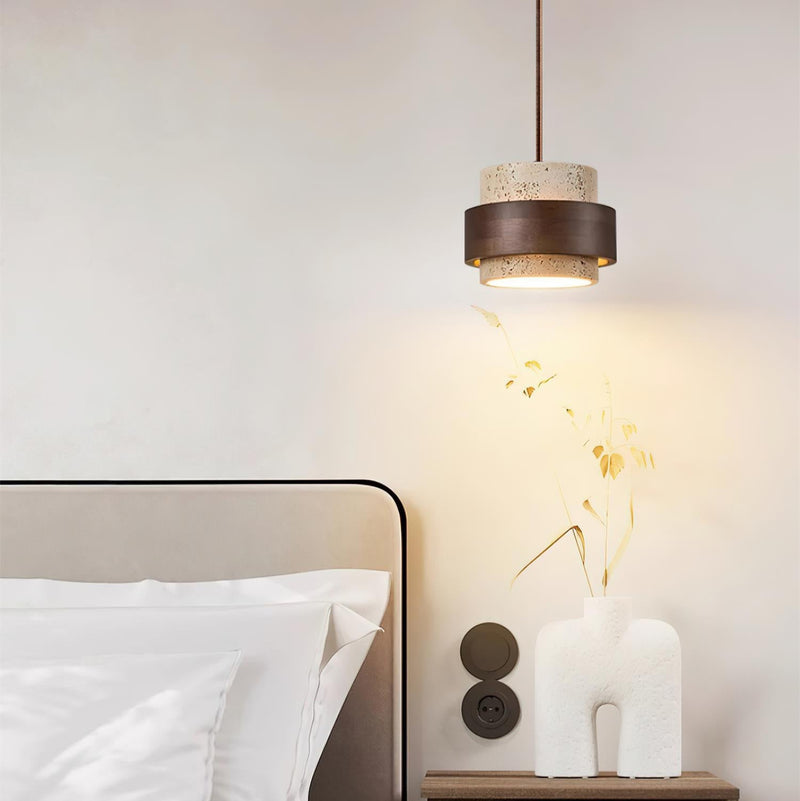 Calderyn Hanglamp – Travertin met Notenhout en Cilindrische Kap