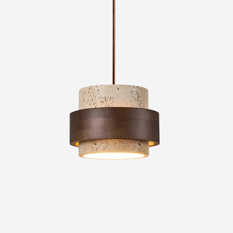 Calderyn Hanglamp – Travertin met Notenhout en Cilindrische Kap