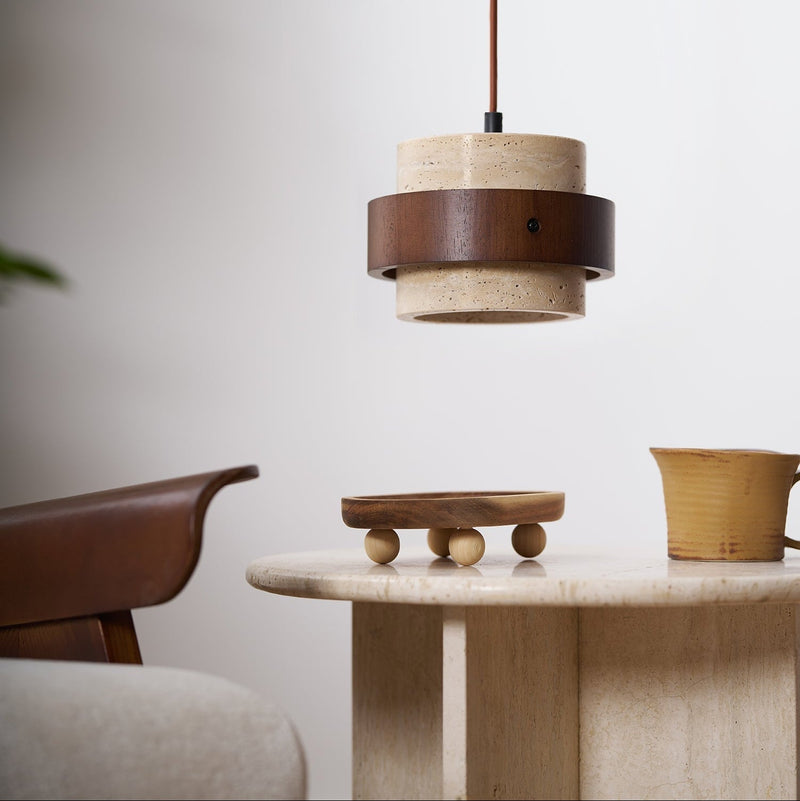 Calderyn Hanglamp – Travertin met Notenhout en Cilindrische Kap