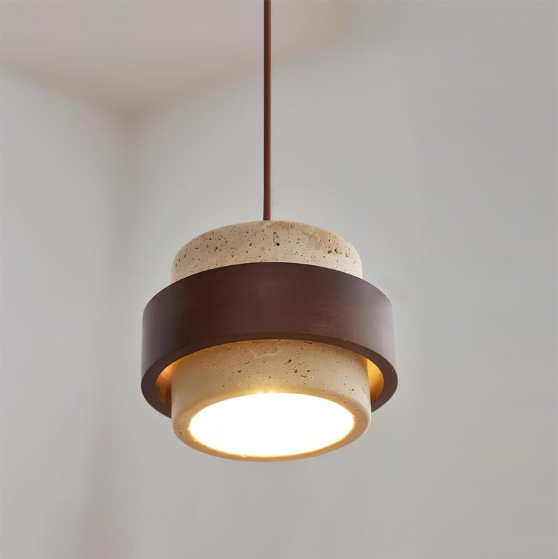 Calderyn Hanglamp – Travertin met Notenhout en Cilindrische Kap