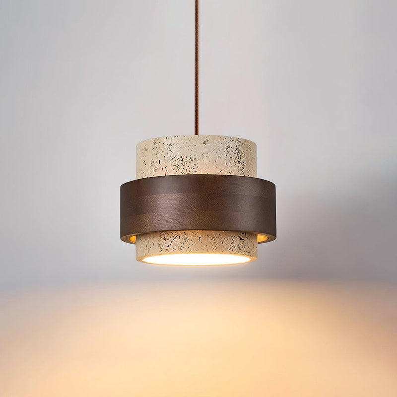 Calderyn Hanglamp – Travertin met Notenhout en Cilindrische Kap