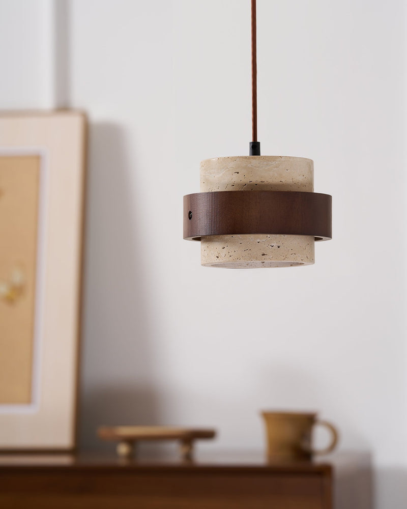 Calderyn Hanglamp – Travertin met Notenhout en Cilindrische Kap