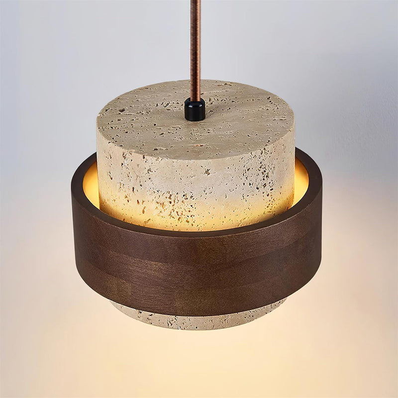 Calderyn Hanglamp – Travertin met Notenhout en Cilindrische Kap