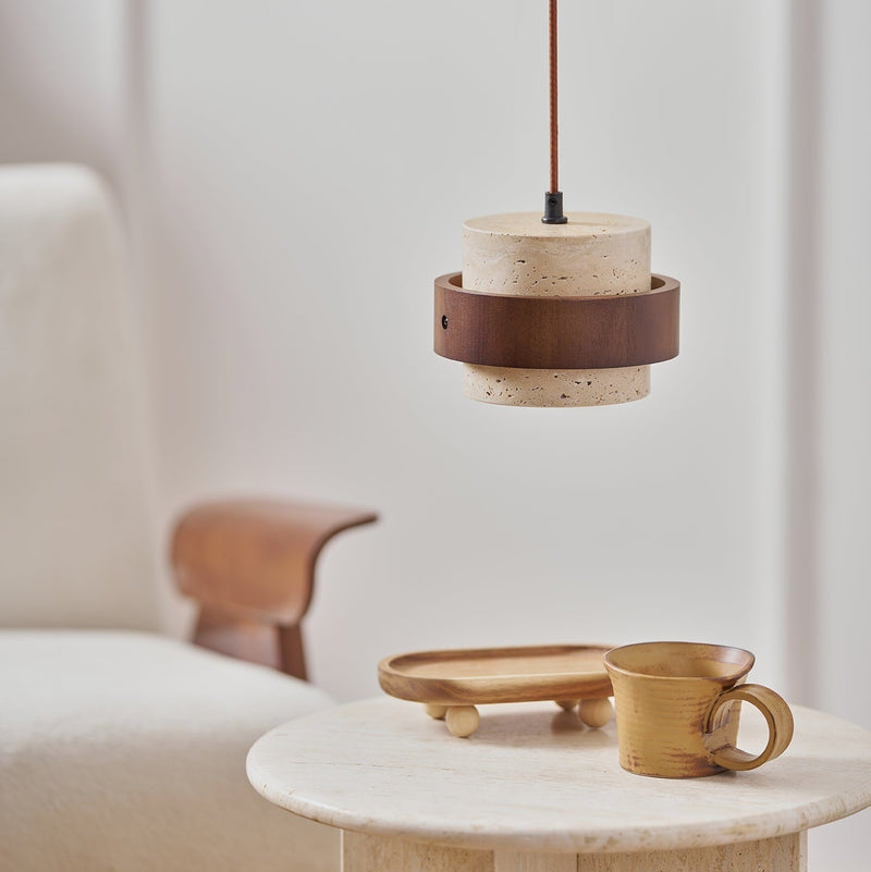 Calderyn Hanglamp – Travertin met Notenhout en Cilindrische Kap