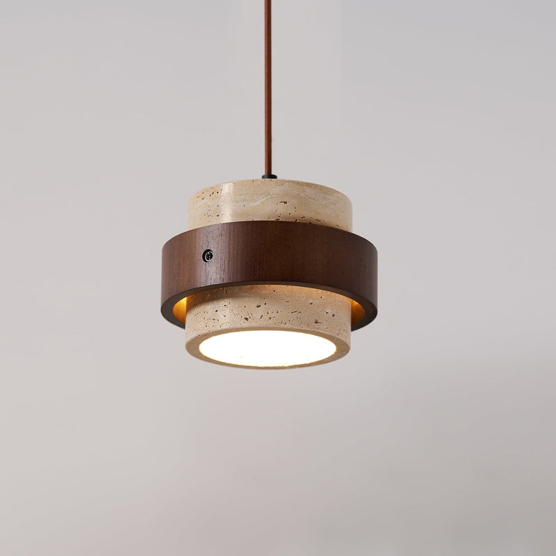 Calderyn Hanglamp – Travertin met Notenhout en Cilindrische Kap