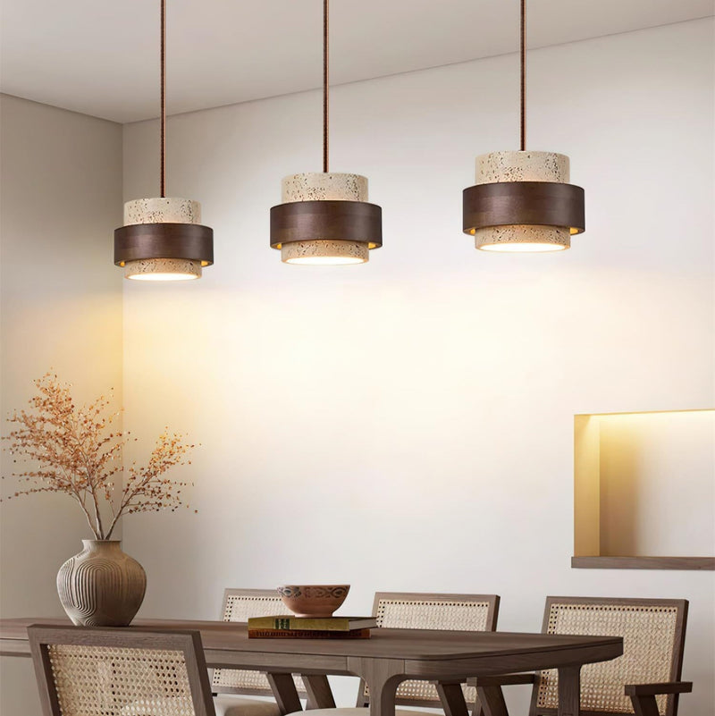 Calderyn Hanglamp – Travertin met Notenhout en Cilindrische Kap