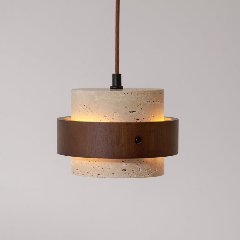 Calderyn Hanglamp – Travertin met Notenhout en Cilindrische Kap