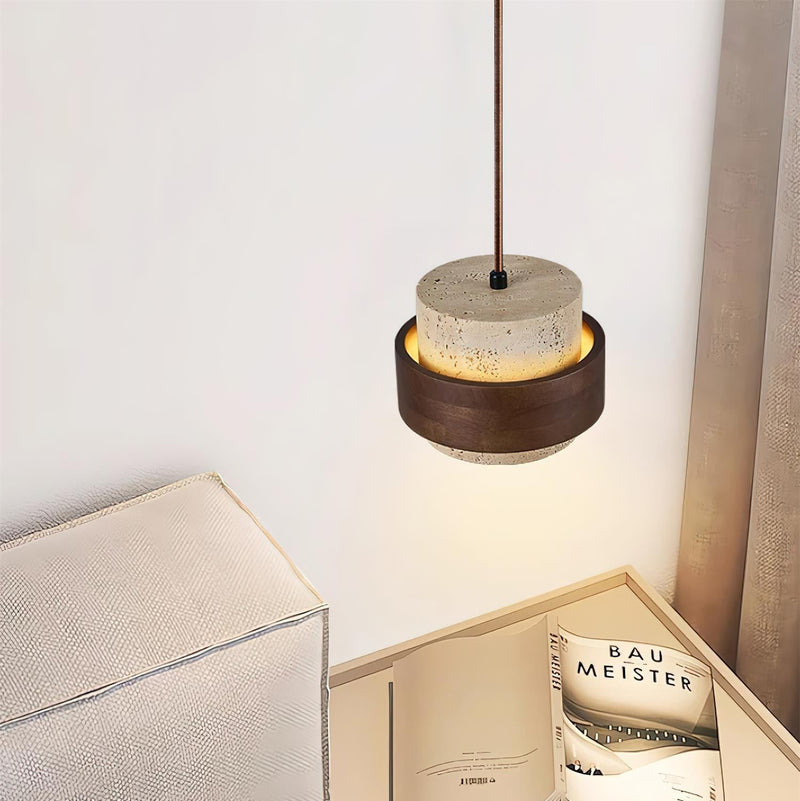 Calderyn Hanglamp – Travertin met Notenhout en Cilindrische Kap