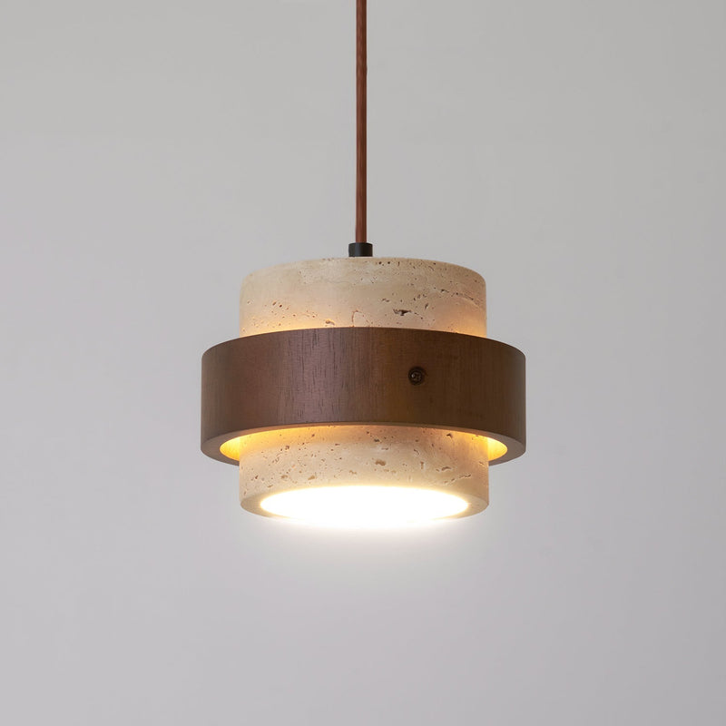 Calderyn Hanglamp – Travertin met Notenhout en Cilindrische Kap
