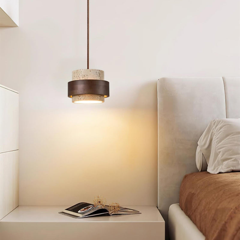 Calderyn Hanglamp – Travertin met Notenhout en Cilindrische Kap