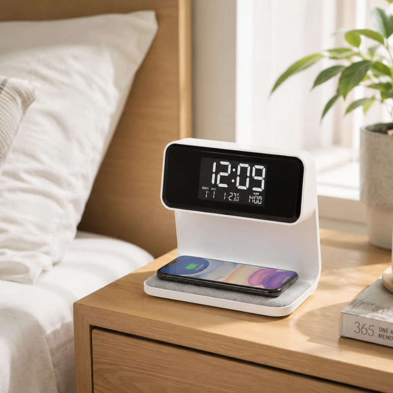 Nivaro 3-in-1 Slimme Wekker – Draadloze Oplader met LED Nachtlamp