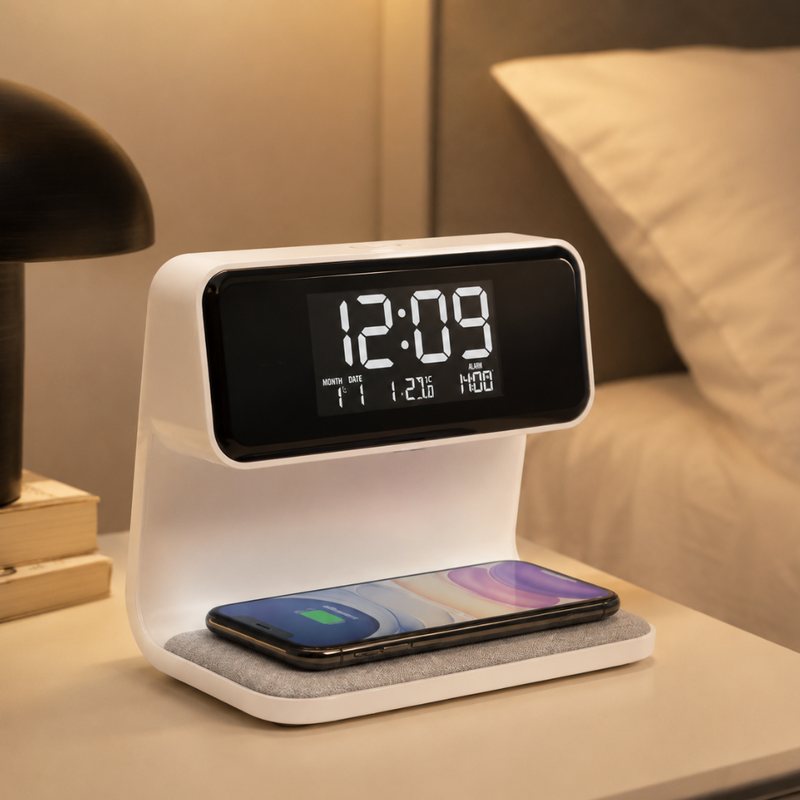 Nivaro 3-in-1 Slimme Wekker – Draadloze Oplader met LED Nachtlamp