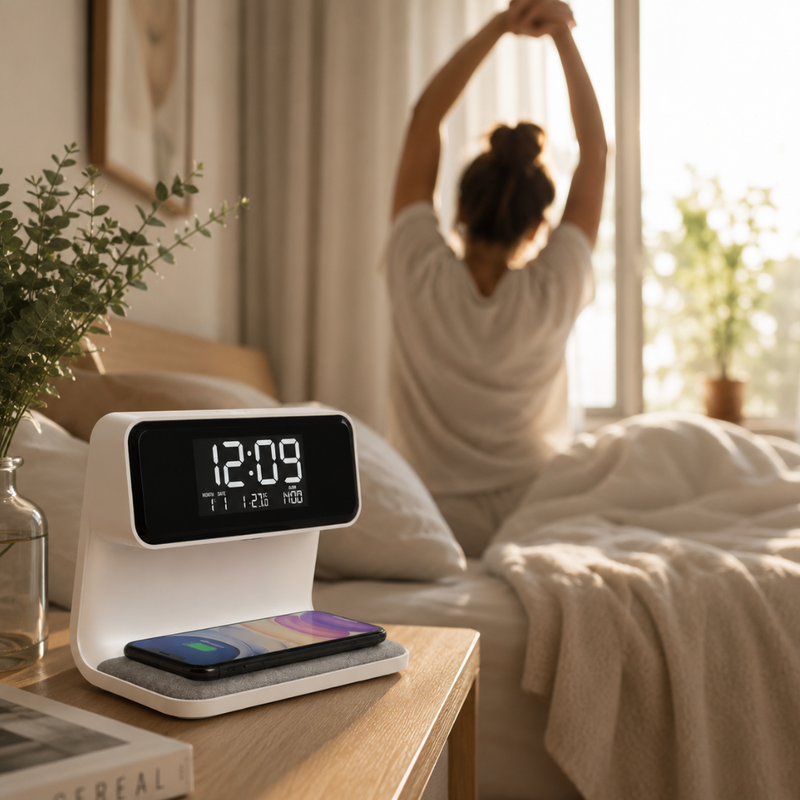 Nivaro 3-in-1 Slimme Wekker – Draadloze Oplader met LED Nachtlamp