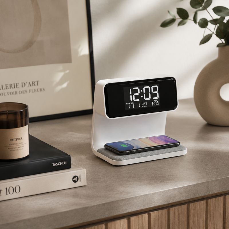 Nivaro 3-in-1 Slimme Wekker – Draadloze Oplader met LED Nachtlamp