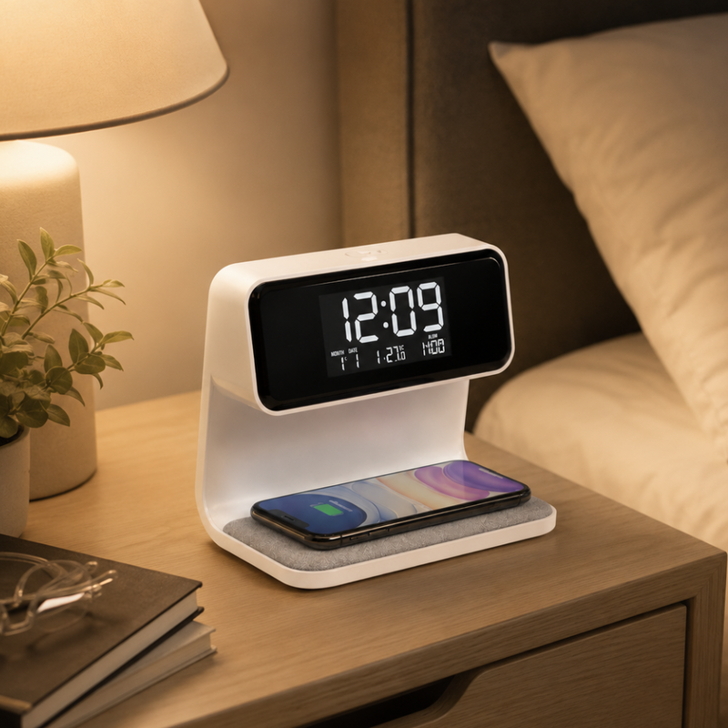 Nivaro 3-in-1 Slimme Wekker – Draadloze Oplader met LED Nachtlamp