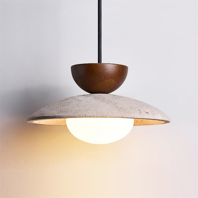 Virelora Hanglamp – Travertin en Hout met Glazen Detail