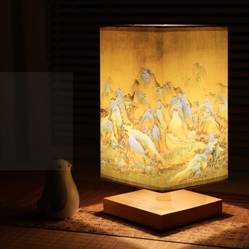 Scandinavische Tafellamp Met Japanse Print En Stoffen Kap Voor Interieur